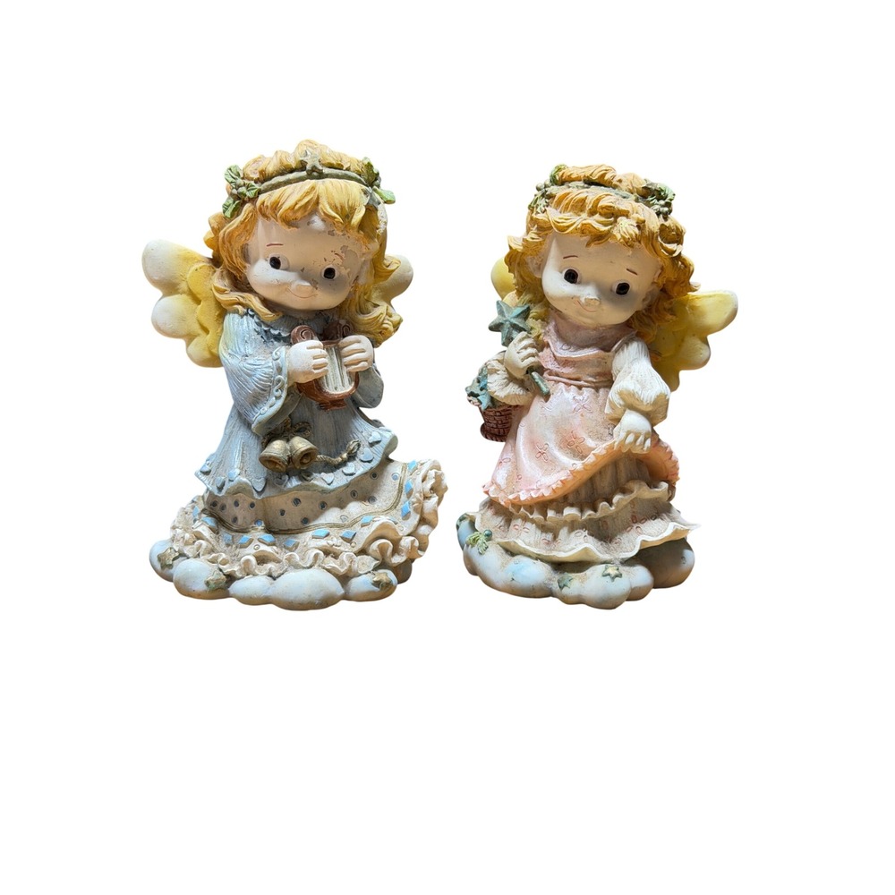 Young's Inc Angel Figurines Set of 2 Vintage Style Cherub Harp Star Resin Decor